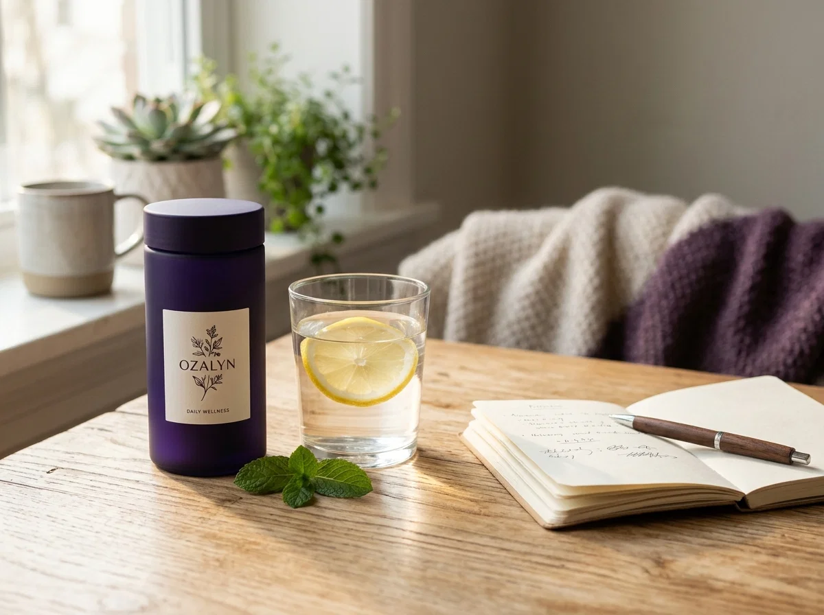 Ozalyn pot met glas water en verse munt voor dagelijkse routine gemberwortel extract supplement
